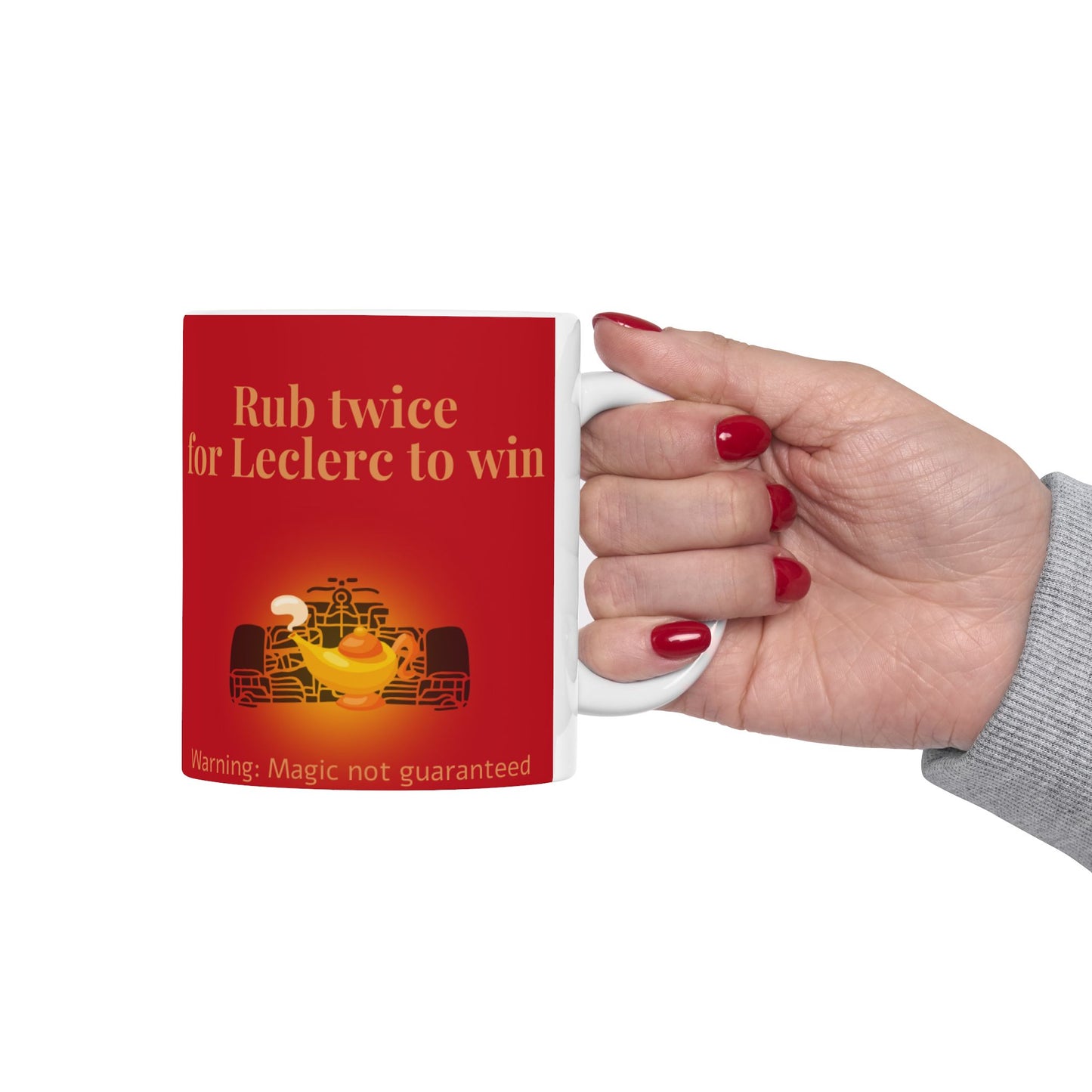 F1 Leclerc Mug, Rub Twice for Win, Good Luck for Next Race, 11oz Ceramic Mug