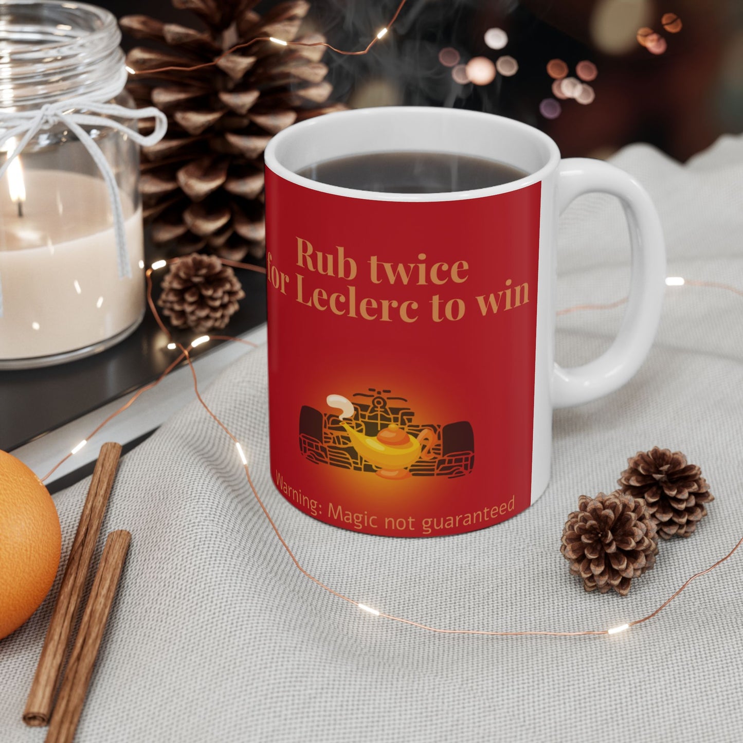 F1 Leclerc Mug, Rub Twice for Win, Good Luck for Next Race, 11oz Ceramic Mug