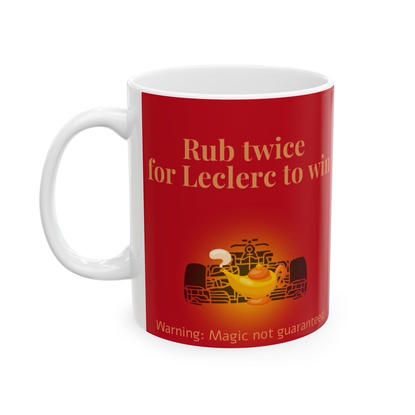 F1 Leclerc Mug, Rub Twice for Win, Good Luck for Next Race, 11oz Ceramic Mug