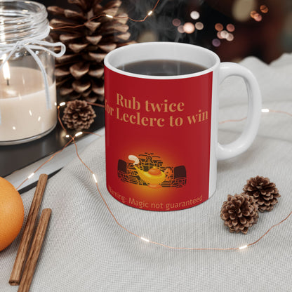 F1 Leclerc Mug, Rub Twice for Win, Good Luck for Next Race, 11oz Ceramic Mug