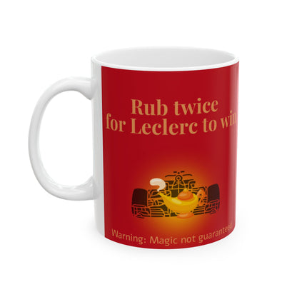 F1 Leclerc Mug, Rub Twice for Win, Good Luck for Next Race, 11oz Ceramic Mug